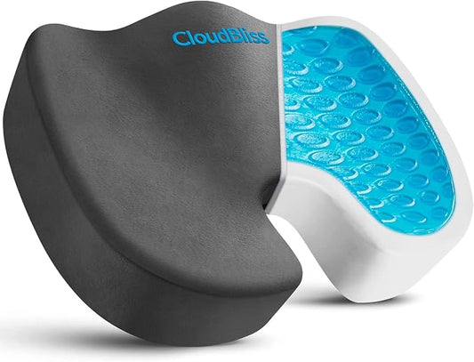CloudBliss Gel Seat Cushion - Cooling Gel Enhanced, Memory Foam, Ergonomic Seat Cushion for Long Sitting for Office, Game, Car, Airplane (Large, Grey)