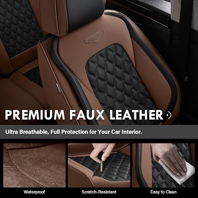 Coverado Car Seat Covers Front Seats, Premium Breathable Waterproof Faux Leather Full Set with Rear Protectors, Luxury Automotive Interior for Sedans SUVs Trucks – CoffeeBlack
