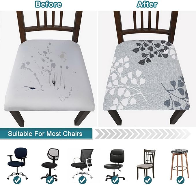 SearchI Water Repellent Seat Covers for Dining Room Chairs Stretch Printed Chair Seat Covers Set of 4, Removable Washable Kitchen Chair Seat Protector Cushion Slipcovers for Office (Leaf Pattern)