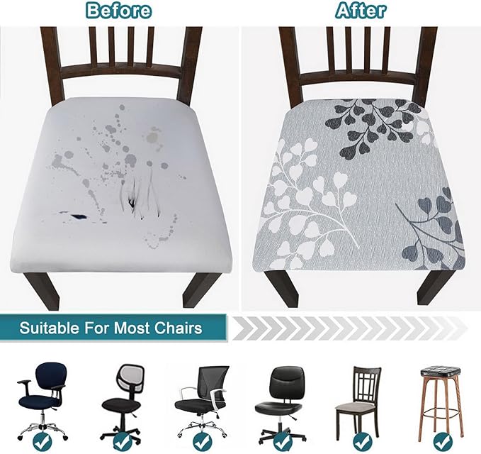 SearchI Water Repellent Seat Covers for Dining Room Chairs Stretch Printed Chair Seat Covers Set of 6, Removable Washable Kitchen Chair Seat Protector Cushion Slipcovers for Office (Leaf Pattern)