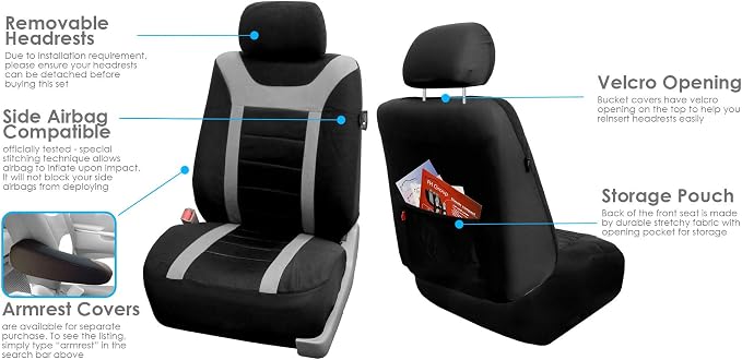FH Group Car Seat Covers Sports Fabric Pair Set Airbag Compatible Easy Installation Universal Fit for Cars Trucks and SUVs (Gray/Black) FB070102