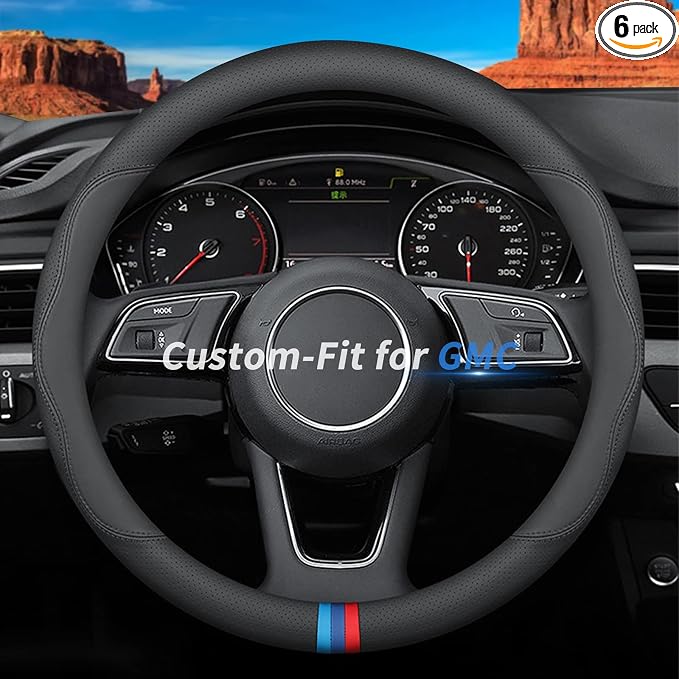 Deer Route Custom-Fit for GMC Steering Wheel Cover, Premium Leather Car Steering Wheel Cover with Logo, Non-Slip, Breathable, for GMC Accessories (D-Style,for GMC)