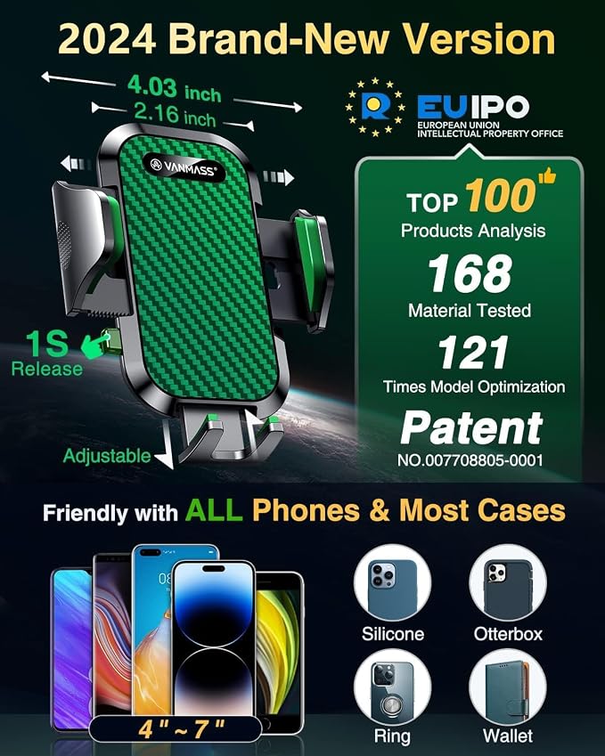 VANMASS Phone Holders for Your Car 2026 Ultimate Phone Mount Military-Grade Windshield Dashboard Vent【Newest Best Strongest】 Cell Phone Car Mount for iPhone 16 Pro Max 15 Samsung Android,Green