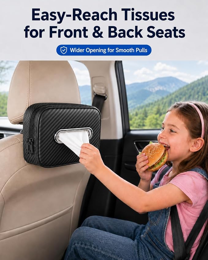 Carbon Fiber Texture Car Tissue Holder, Extra Large Car Tissue Box Holder for 120–230 Count Rectangular Tissue Boxes, Wider Opening, Dual Zipper, Fits Headrests, Consoles, and Seat Backs