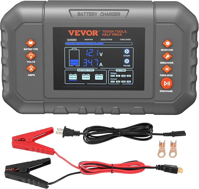 VEVOR Smart Battery Charger, 35-Amp, Lithium LiFePO4 Lead-Acid (AGM/Gel/SLA) Car Battery Charger with LCD Display, Trickle Charger Maintainer Desulfator for Boat Motorcycle Lawn Mower Deep Cycle