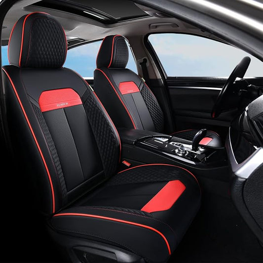 FLORICH Front Seat Covers, Luxury Car Seat Cover with Waterproof Leather, Automotive Vehicle Seat Covers for Cars Trucks Vans SUVs Sedans (2 Packs, Black&Red Line)