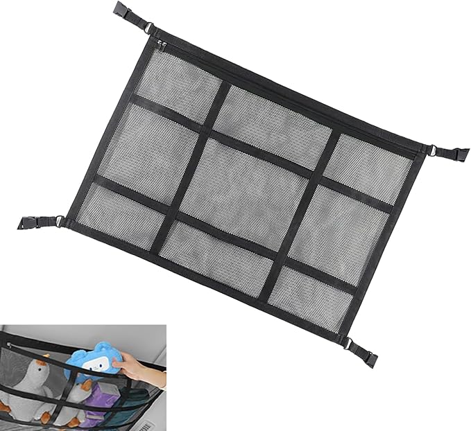 Car Ceiling Cargo Net, 20.87" x 31.49" Snap-on Roof Cargo & Trunk Organizer, Zip Seal Car Roof Storage Net for Road Trips, Universal for Most Cars, SUVs, Trucks (Black)