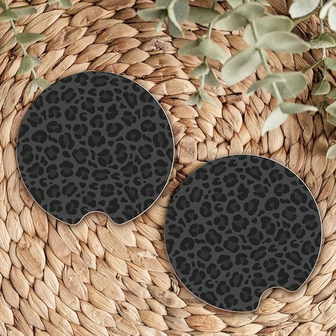 Ceramic Car Coasters – Absorbent Car Cup Holder Coaster Set for Women, Cute Aesthetic Car Accessories for Girls, 2 Pack (Soft Black)