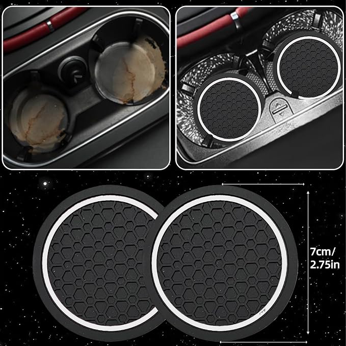 NBTEPEM 6 Pcs White Car Accessories Set, Sport Leather Steering Wheel Cover 14.5-15inch Universal, Microfiber Leather Car Center Console Cover, Seat Belt Cushion, Cup Holder Coaster (Black-White)