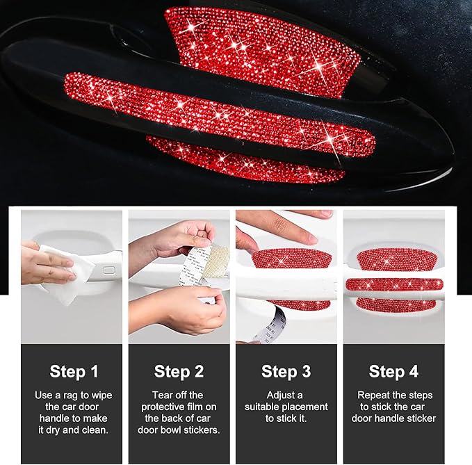 BetterJonny 10PCS Crystal Scratches Protector, Rhinestone Handle Stickers Bling Protection for Women's Car Stickers (Red)