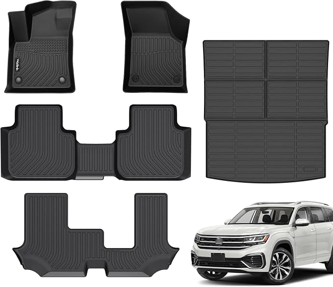 Floor Mats & Cargo Mat Custom for Volkswagen Atlas 7 Seats Bench Seating 2026 2025-2018 All Weather Protection Waterproof TPE Rubber Car Floor Liners Full Set