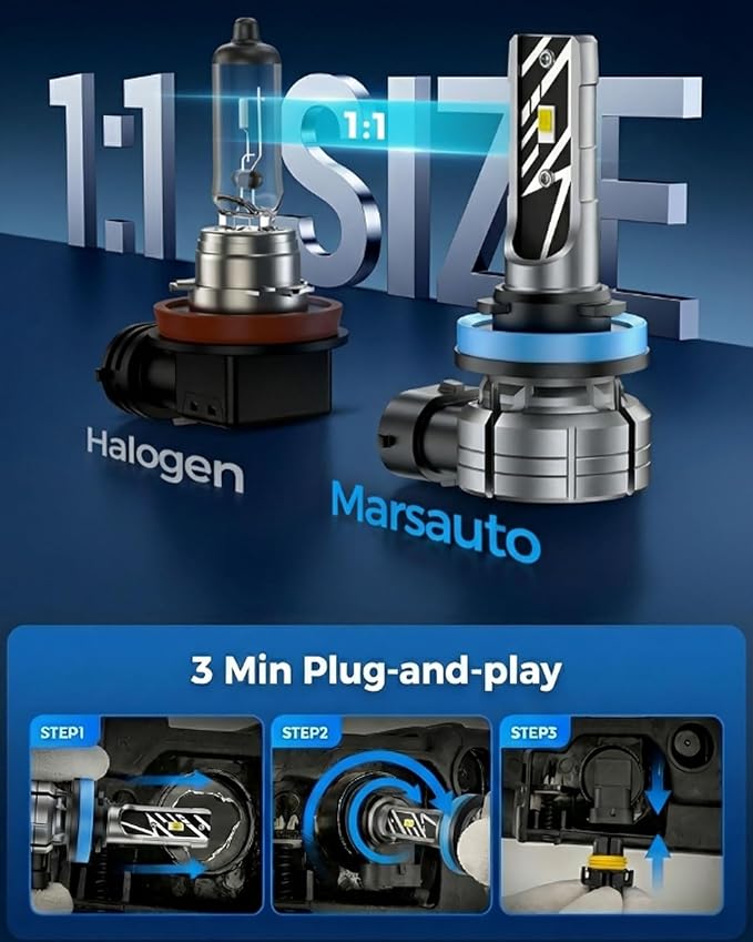 Marsauto H11/H16/H8 LED Fog Light Bulb, 14,000LM 6500K White H11 H16 H8 LED Fog Lights, 70000HRS Lifespan H11 Fog Light Bulbs for Car, Play and Plug, RV Interior Lighting