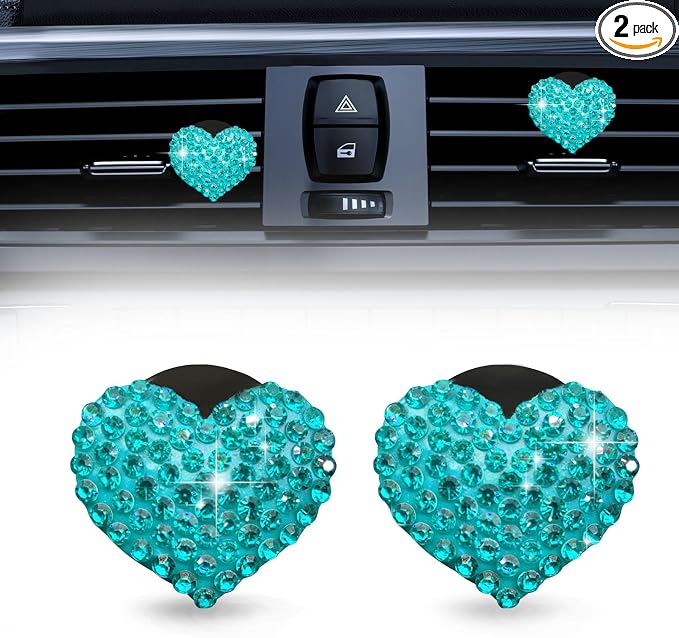 2Pcs Car Air Vent Clip, Bling Crystal Heart Charms Car Air Vent Clips, Air Conditioning Outlet Clip Decorative, Interior Decoration Accessories Universal for Women and Man (blue)