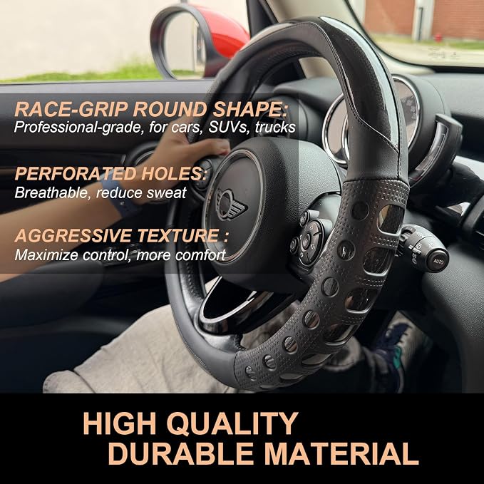 PINCTROT Race Grip Steering Wheel Cover, Anti Slip Silicone Perforated Design with Soft Touch Padding, Enhanced Grip for Sporty Driving,Universal 14.5-15 Inch (Racing Black)