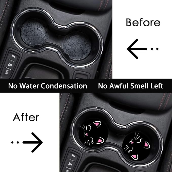 2 Pack Black Cat Car Cup Holder Coasters Universal Neoprene Coasters | 2.75" Universal Size Anti Slip Rubber Mat, Auto Cup Holder Accessories for SUV Truck, Cat Gifts for Pet Lover Women Men Mom