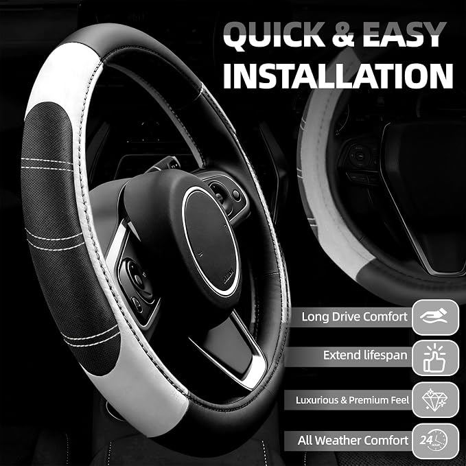 NBTEPEM 6 Pcs White Car Accessories Set, Sport Leather Steering Wheel Cover 14.5-15inch Universal, Microfiber Leather Car Center Console Cover, Seat Belt Cushion, Cup Holder Coaster (Black-White)
