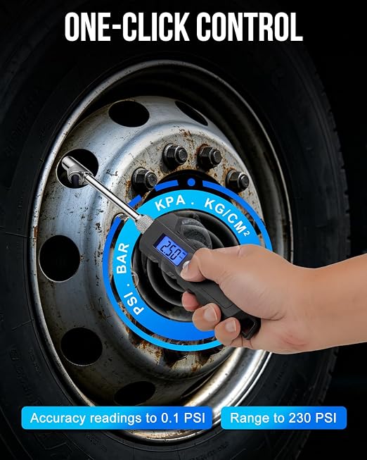 Digital Tire Pressure Gauge, Heavy Duty Stainless Steel Dual Head Tire Gauge 0-230 PSI with Flashlight & Backlit LCD, Car Accessories for RV Truck & Cars, 1 Pack