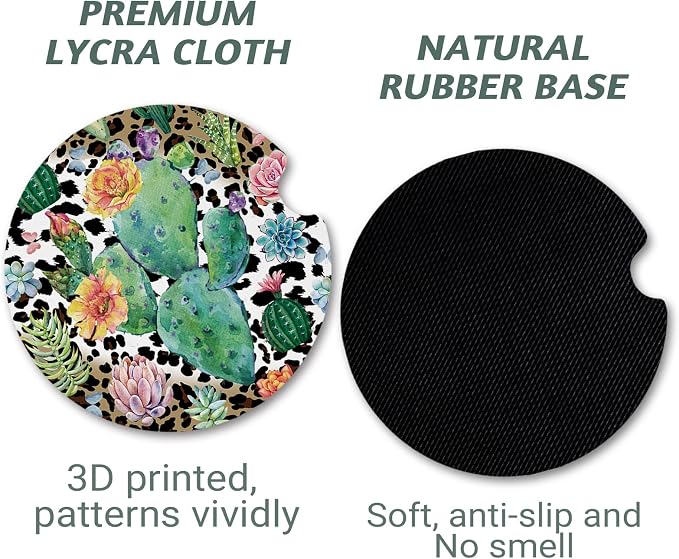 Yonlevres Car Coasters for Cup Holders，2.75" Anti Slip Rubber Mat with A Finger Notch, 2 Pack Car Cup Holder Coasters for Car Interior Accessories for Women Men Cactus