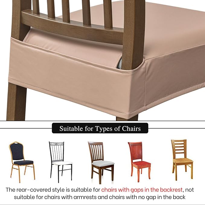NILUOH Waterproof Seat Covers for Dining Room Chairs Set of 4, Pu Leather Chair Seat Slipcovers Dining Chair Cover Removable Washable Chair Protctor Cover, Rear Covers (PU-Khaki)