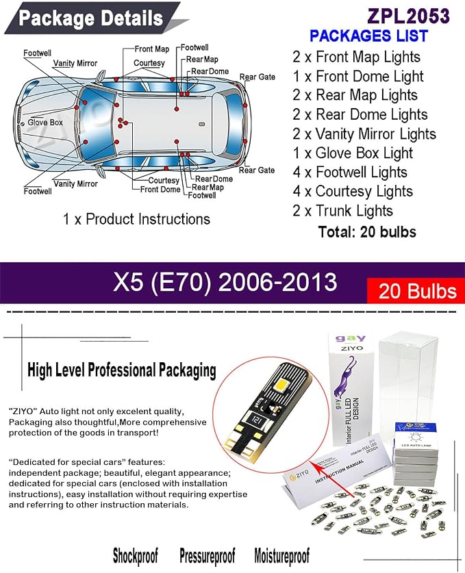 ZIYO LED Interior Light Kit Replacement for BMW X5 1999-2013, 6000K Xenon White Dome Light Bulbs Upgrade Error Free (BMW E70 2006-2013 (20 Bulbs))