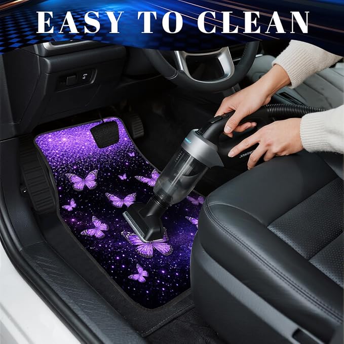 Butterfly Car Floor Mats Set of 4 Purple Glitter Galaxy Dream Carpet Front Rear Carpets Mat Decorative Car Floor Carpets Non-Slip Auto Car Accessories Universal Fit for Car SUV Truck Van