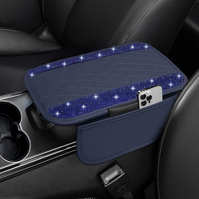 NBTEPEM Bling Blue Car Center Console Cover, Leather Car Arm Rest Cover with 2 Storage Bags, Universal Auto Armrest Protector Storage Box, Bling Accessories Interior for Most Vehicles