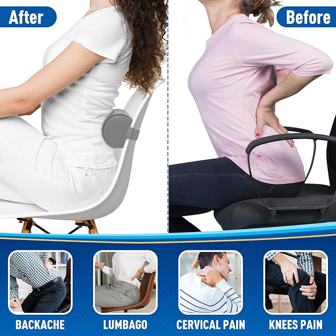 Lumbar Roll Support Pillow for Office Chair, Car, Gaming Chair, Memory Foam Back Cushion with Washable Cover for Relieving Back Pain & Improving Posture, Large,Light Grey