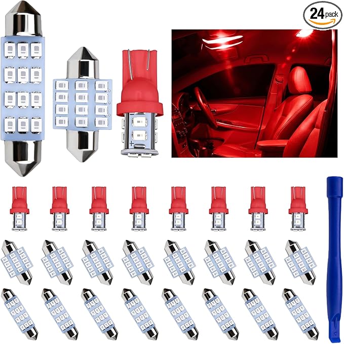24 PCS LED Car Interior Bulb Kit, Dome Light Fits 194 T10 DE3175 578 31mm 42mm Size Replacement for Map License Plate Door Side Marker Cornering Trunk Lights (Red)