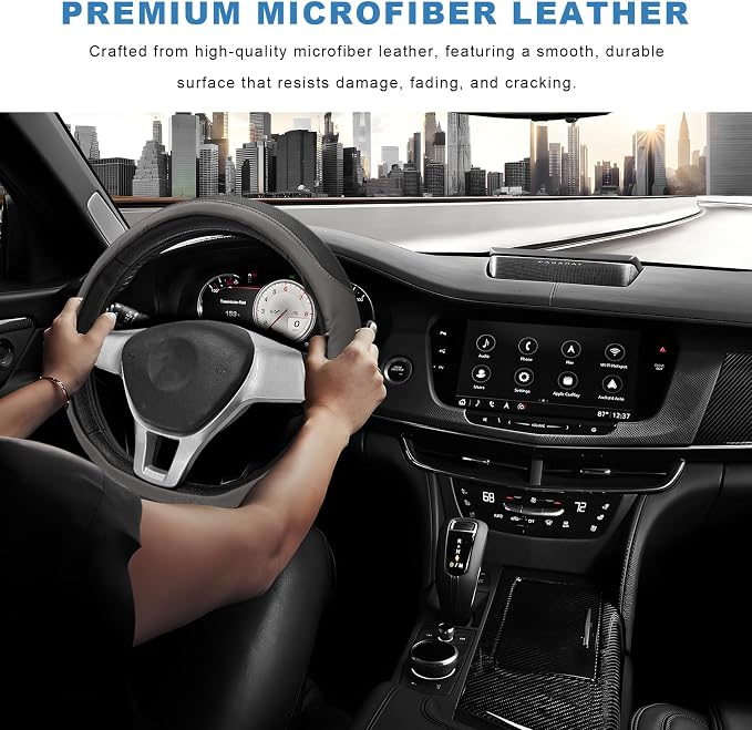 Sun Walker Steering Wheel Cover, Breathable Leather Steering Wheel Covers with Perforated Sides, Anti-Slip Comfortable Grip Auto Sleeve for 14.5-15 Inch Wheels, Car Accessories (Gray)