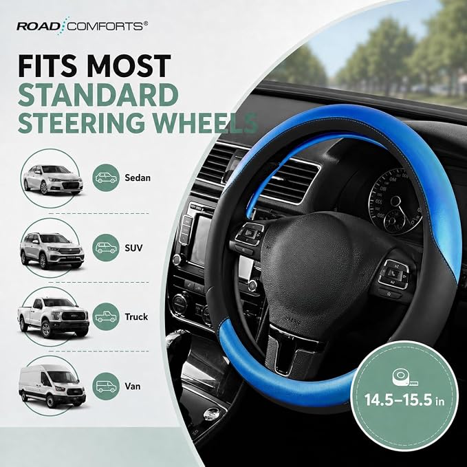 Road Comforts Steering Wheel Cover – Breathable Leather Steering Wheel Cover, Anti-Slip Grip, Universal Fit 14.5” to 15”, Heat & Cold Resistant for Cars, SUVs, and Trucks – Black & Metallic Blue
