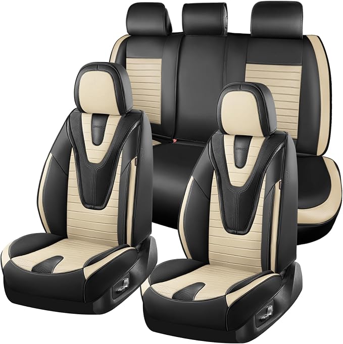 Coverado Car Seat Covers Full Set, 5 Pieces Waterproof Leather Seat Covers, Universal Fit for Cars SUVs Sedans,Black Beige