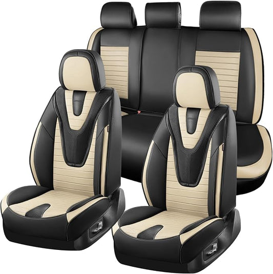 Coverado Car Seat Covers Full Set, 5 Pieces Waterproof Leather Seat Covers, Universal Fit for Cars SUVs Sedans,Black Beige