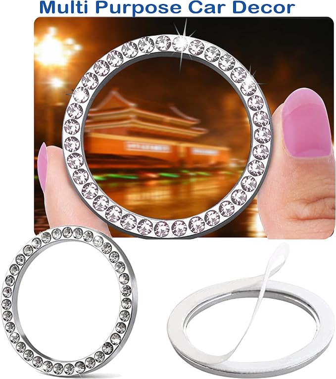 2pcs Bling Car Engine Start Button Cover Diamond Crystal Push Start Stop Button Ring Sparkly Bling Ignition Button Cover Rhinestone Keyless Ignition Ring Universal Car Accessories (Silver)
