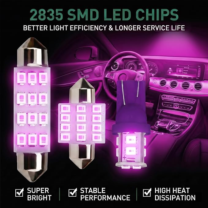 24 PCS LED Car Interior Bulb Kit, Dome Light Fits 194 T10 DE3175 578 31mm 42mm Size Replacement for Map License Plate Door Side Marker Cornering Trunk Lights (Pink Purple)