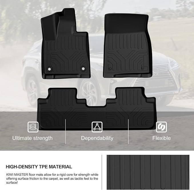 Kiwi Master Floor Mats for 2016-2022 Lexus RX (RX350/L RX450h/L) | Custom Fit All Weather Car Mats, Heavy Duty TPE Floor Liners, Front & Rear 2 Row Set, Black