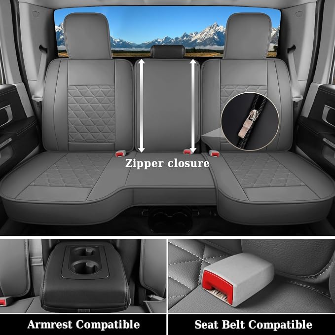 Coverado Dodge Ram Seat Cover Full Set, Waterproof Ram 1500 Seat Cover Compatible with 2002-2026 Dodge RAM 1500 2500 3500 Crew Quad Cab with Curved Bench, Dark Gray