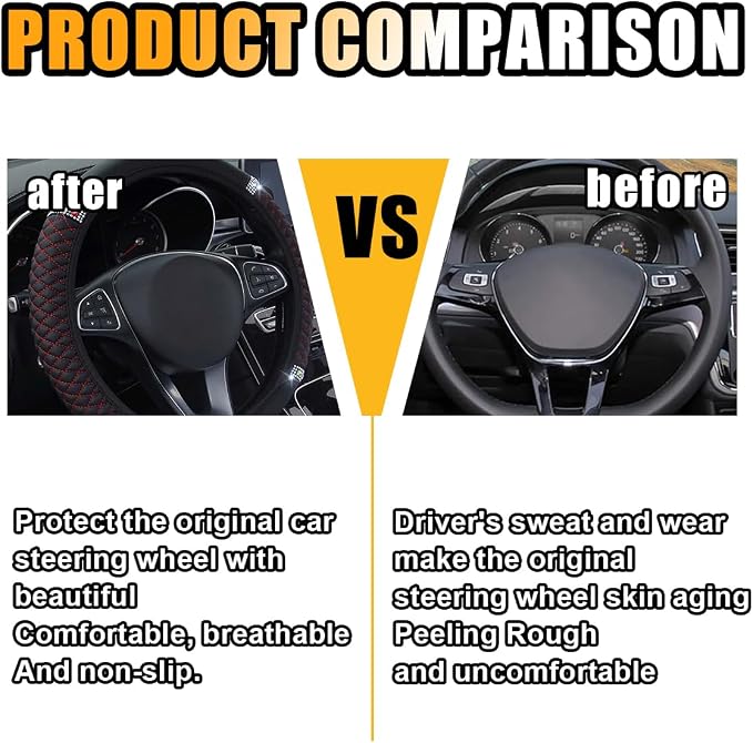 JOYCOURT 15 Inch Bling Soft Leather Car Steering Wheel Cover, Black Red | Colorful Rhinestones Design, Auto Elastic Protector for Women Girls, Crystal Diamond Car Accessories for Most Cars, SUVs