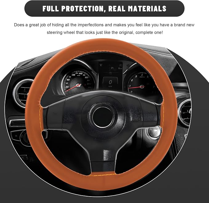Genuine Leather Steering Wheel Cover, 15 Inch Stitch on Steering Wheel Protector with Needle & Thread, Anti-Slip DIY Sewing Wheels Wrap for Most Vehicles (Brown, Glossy)