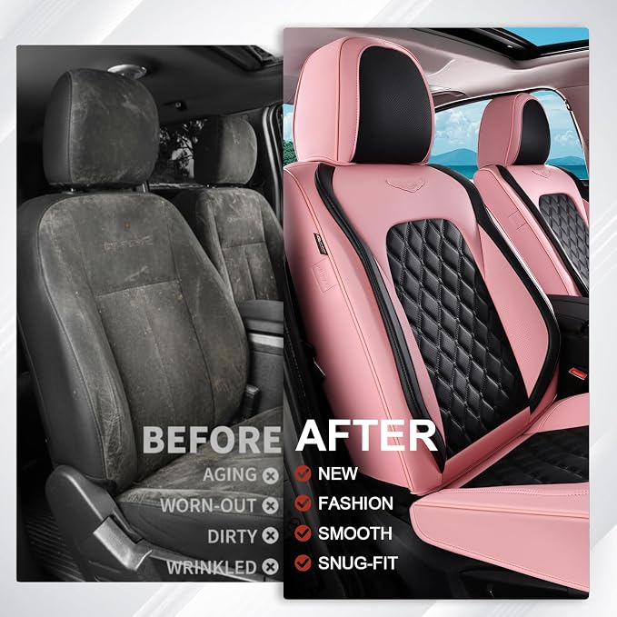 Coverado Universal Car Seat Covers Full Set, Stylish Waterproof Faux Leather Front & Rear Seat Protectors for Sedan SUV Truck, Luxury Fashion Interior – PinkBlack