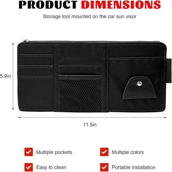 Car Sun Visor Organizer, Multifunctional Auto Visor Storage Bag with Net Pocket & Eyeglass Clamp, Waterproof Multi-Pocket Storage Pouch Ticket Organizer for Car Sun Visors (Black)