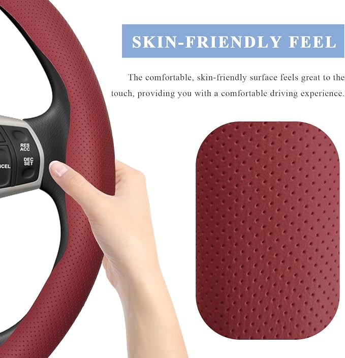 Steering Wheel Cover, 15 Inch Anti-Slip Breathable Steering Wheel Protector Auto Interior Decor, Heat-Resistant Comfort Grip Wheel Cover Universal for Most Cars Trucks SUVs (Wine Red)