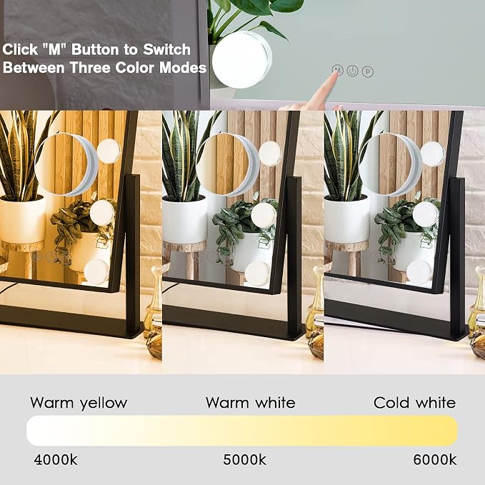 BWLLNI Lighted Makeup Mirror Hollywood Mirror Vanity Mirror with Lights, Touch Control Design 3 Colors Dimable LED Bulbs, Detachable 10X Magnification, 360°Rotation, Black.