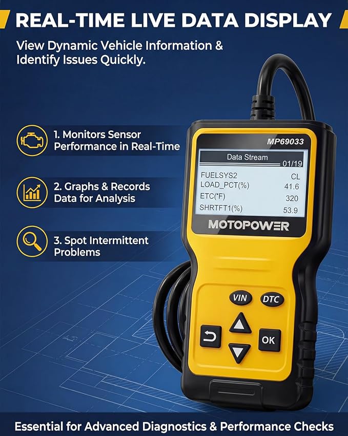 MOTOPOWER MP69033 Car OBD2 Scanner Code Reader Engine Fault Scanner CAN Diagnostic Scan Tool for All OBD II Protocol Cars Since 1996, Yellow