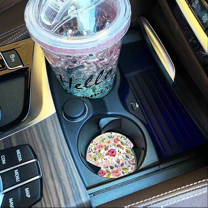 Car Coasters for Women 2 Pack Mother's Day, Auto Small 2.56" Auto Ceramic Coasters for Cup Holders, Absorb Spills to Keep Cupholders Clean, Easy Removal(Flower)