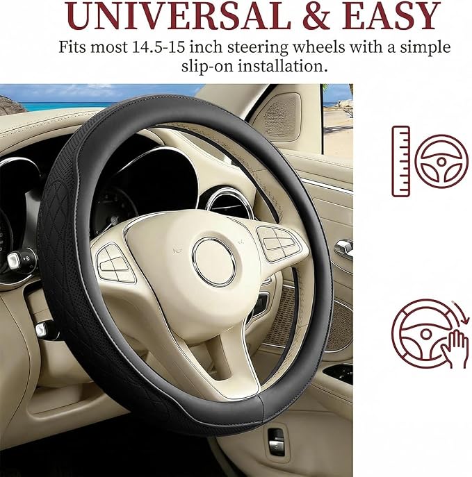Car Steering Wheel Cover, Breathable Anti-Slip Vehicle Steering Wheel Protector with Inner Ring, Automotive Interior Protective Accessories, Universal for SUV RV Truck (Black)
