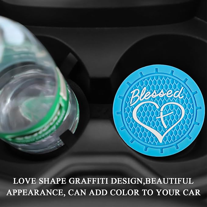 KVAEY 2 PCS Car Cup Holder Coasters, 2.76 Inch Anti Slip Vehicle Drink Mats with Cute Blessed Cross and Heart, Shockproof, Universal Car Accessories (Sky Blue, 4 PCS)