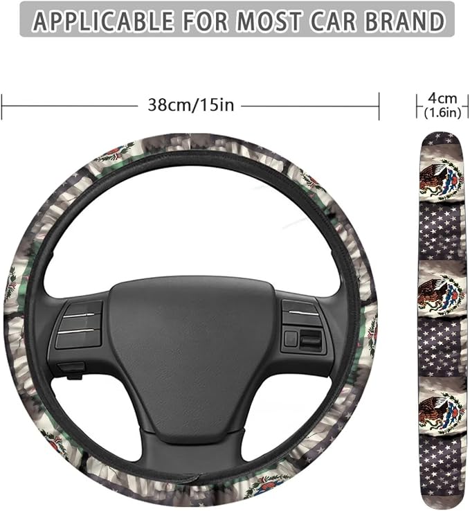AFPANQZ Elastic Automotive Steering Wheel Covers Universal Fit 14 to 15 in | American Mexican Flag Steering Wheel Protector with Cloth for Women, Keep Comfort Grip Sweat Absorption Neoprene