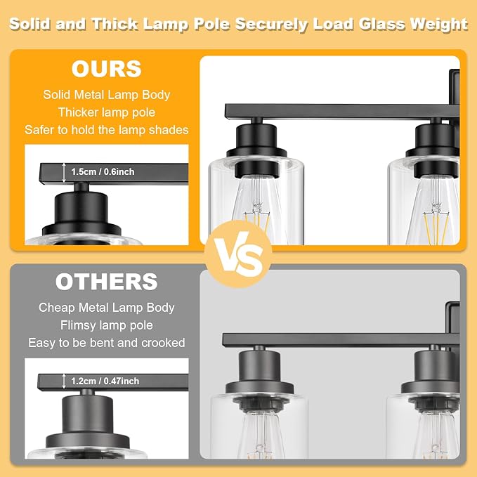 Unicozin Modern Black Bathroom Light Fixtures, 4-Light Vanity Lights Over Mirror with E26 LED Bulbs Included, Wall Sconce with Clear Glass Shades for Living Room Bedroom Hallway Kitchen