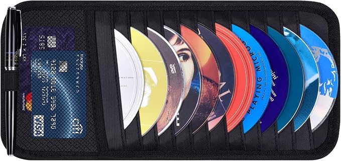 Car CD Case Holder, Wisdompro Vehicle Sun Visor Organizer for Cars with 12 DVD Storage Sleeves, 1 Mesh Pocket, 1 Pen Holder and Elastic Strap, Black