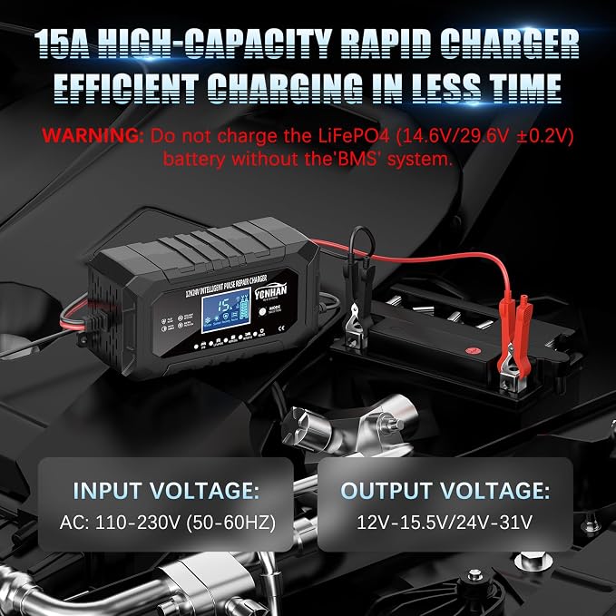 YONHAN 15-Amp 12V 24V Battery Charger LiFePO4 Trickle Charger | Car Battery Charger Fully-Automatic Smart Lead Acid Portable 9-Stage Smart Battery Maintainer with Temp Compensation